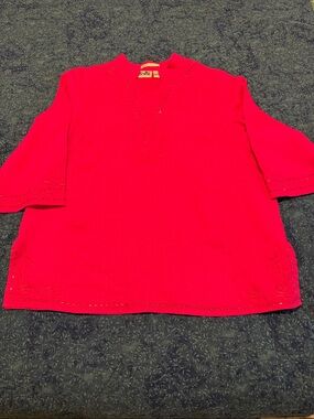 edward Women Dark Pink Linen Blouse with Embroidery & Bead Accents. 1X